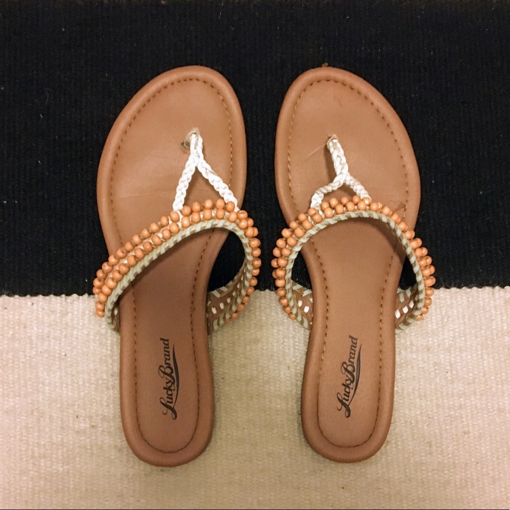 Lucky Brand Beaded Sandals 7.5 Tan Leather Boho Pastel Slide Summer Flats